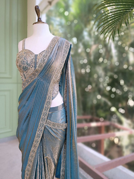Vyra Teal Blue Drape Saree with Embroidered Corset Blouse