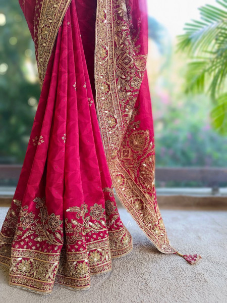 Virasat Maroon Crepe Saree with Heavy Embroidery and Readymade Blouse