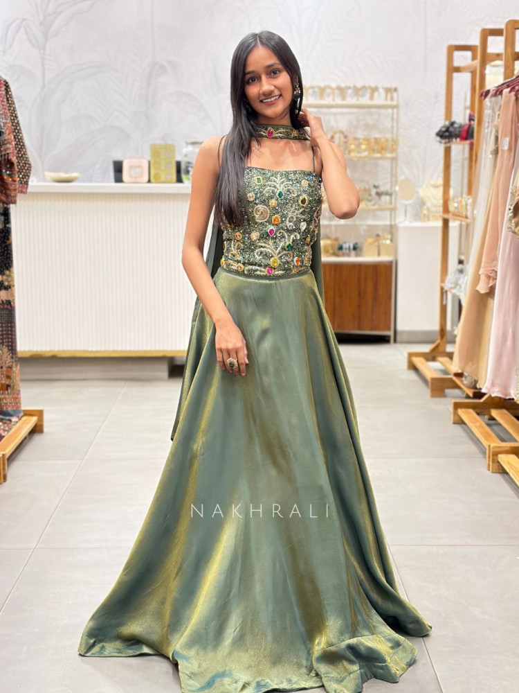 Image of Urban Flare Green Indo-Western Lehenga Set with Cut Dana and Stone Work