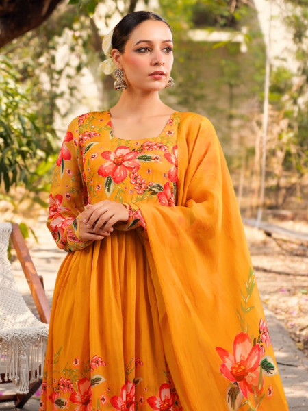 Gulzaar  Yellow Organza Anarkali Suit Set with Floral Print