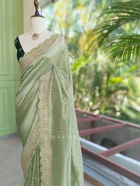 Noor-e-Tarang Pista Green Checks Weaved Saree with Embroidered Border
