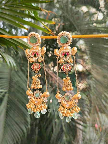 Regalia Green Enamel Work Dangler Earrings