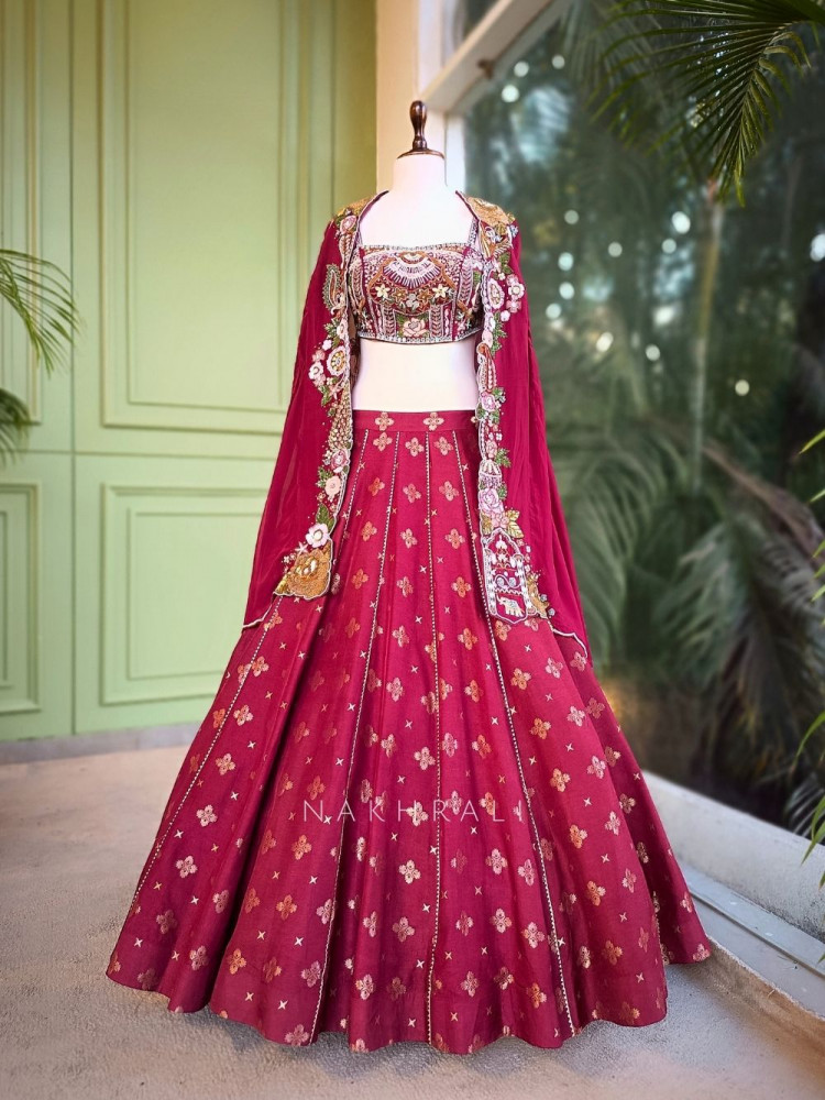 Image of Riva Maroon Indowestern Lehenga Set with Embroidered Cape