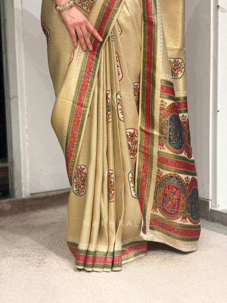 Chitrakosh Cream Banarasi Tussar Saree