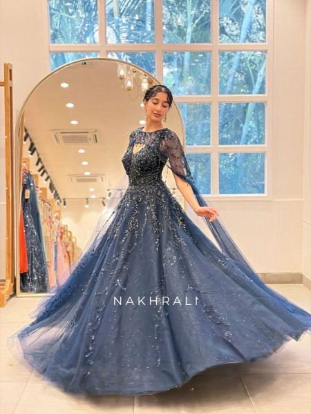 Sky Whisper Blue Sparkly Tulle Indo Western Gown