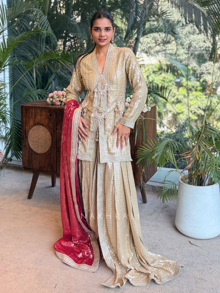 Noorveen Golden Sequin Dhoti & Kurta Set with Contrast Dupatta