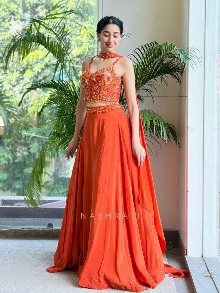 Rangvalli Orange Corset Lehenga Set With Cutdana & Sequin Work
