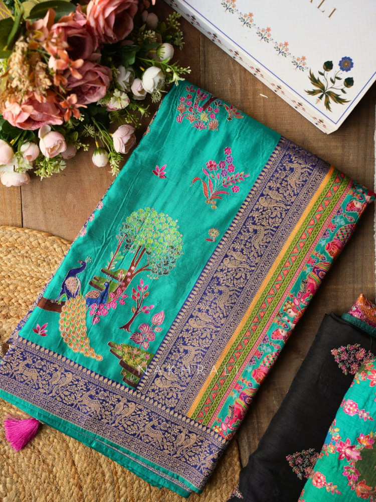Image of Sarovar Rama Woven Motif Saree with Traditional Border