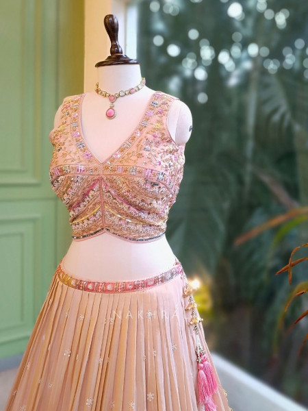 Elara Peach Embroidered Net Lehenga