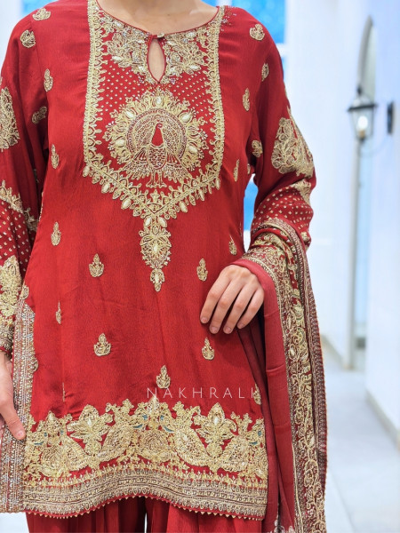 Gulnaaz Red Silk Kurta Salwar Set with Peacock Zardozi & Gota Patti Work