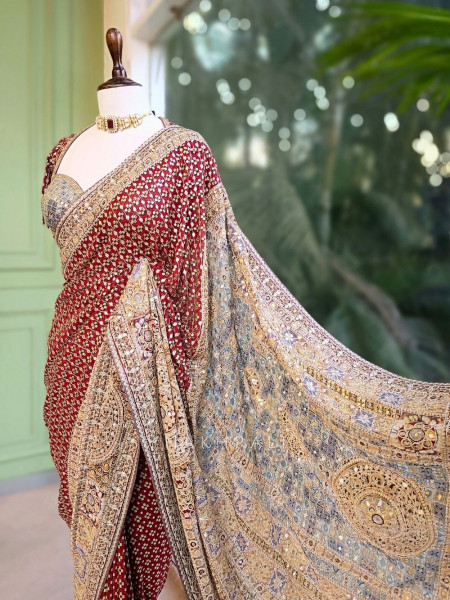 Marora Maroon Saree with Zari and Mirror Work