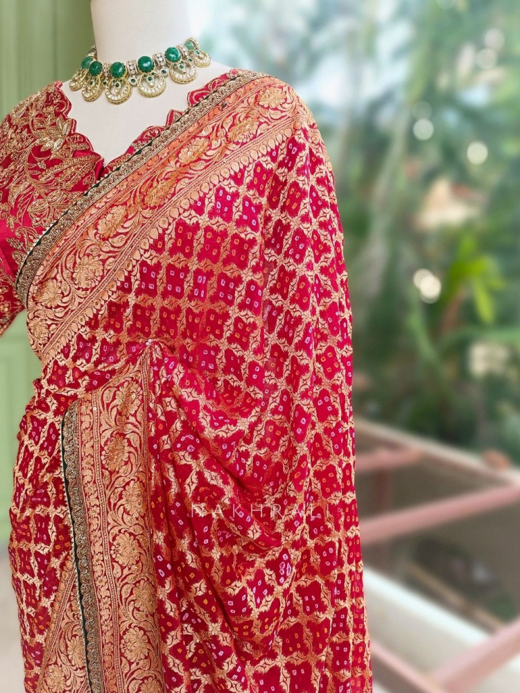 Image of Trishna Red Georgette Silk Blend Saree With Bandhani &amp; Banarasi Zari Work