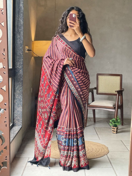 Vasudha Red Modal Silk Saree With Ajrakh Print
