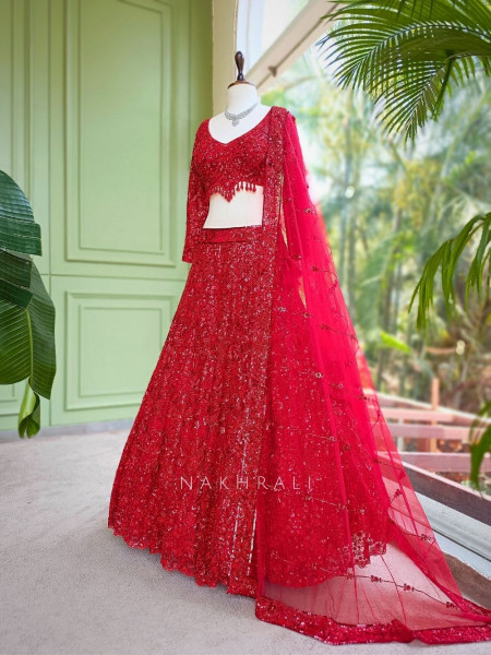 Kavika Red Net Lehenga with Sequin and Cut Dana Work