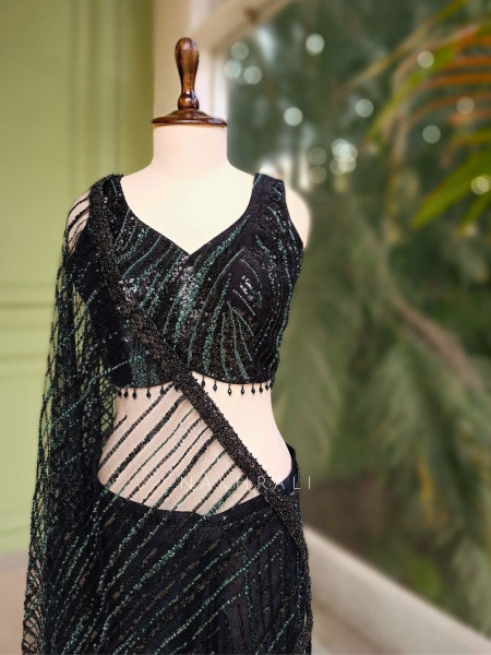 Nyxara Black Drape Saree with Sequin Work