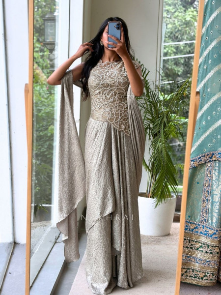 Ripple Beige Crushed Silk & Tulle Net Pre-Stitched Drape Saree