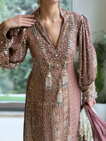 Rosmira Dusty Brown Mauve Silk Crepe Suit Set