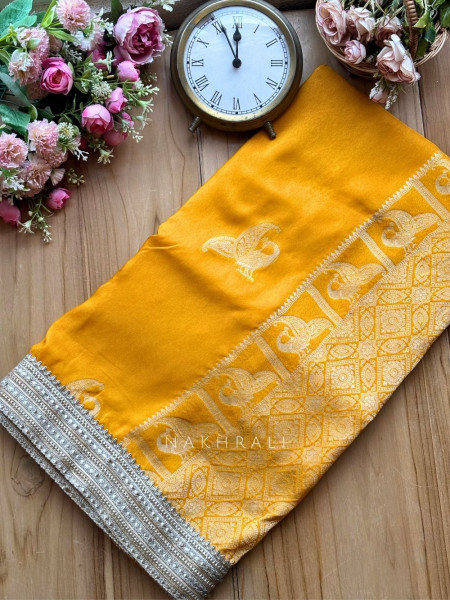 Tavira Yellow Saree with Broad Border and Unstitched Blouse Piece
