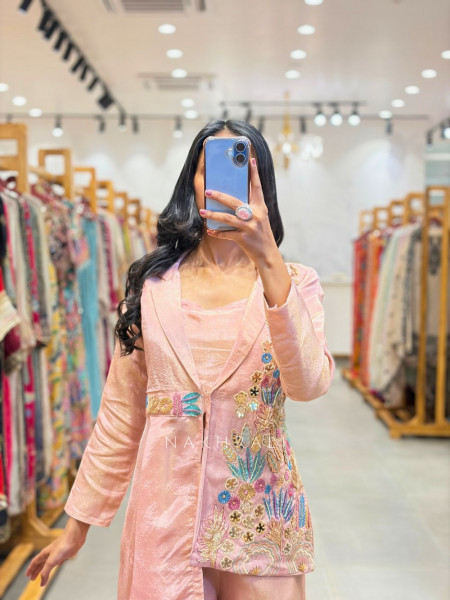 Tivana Pink Jacket Set with Floral Embroidery