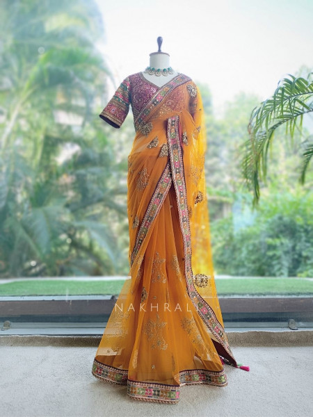 Orange Net Saree with Embroidered Blouse