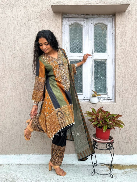 Aranya Rust-Olive Printed Silk Salwar Suit Set