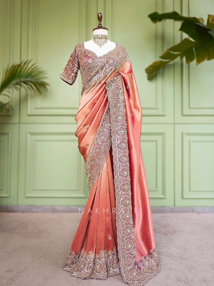 Image of Suhasani Wine Saree with Readymade Blouse and Sequin Bead Embroidery