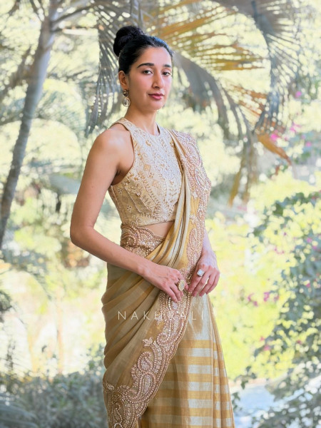 Svarna Rekha Gold Saree with Zari Zardozi Work