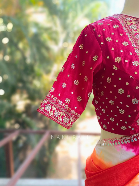 Rangriti Red Leheriya Saree with Sequin Gota Blouse