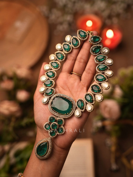 Zara Green Polki Statement Necklace Set with Teardrop Stones