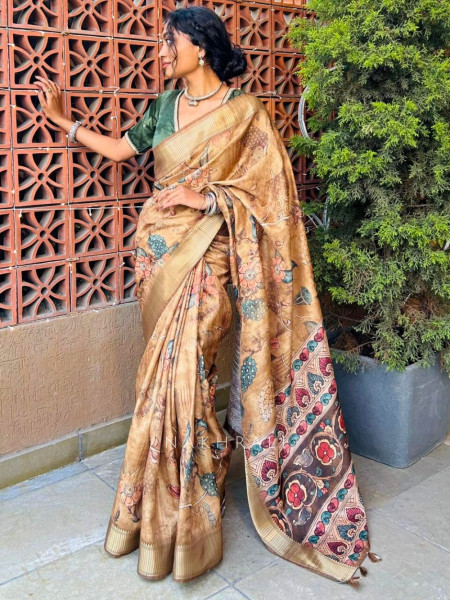 Mrinmayi Brown Art Silk Floral Saree