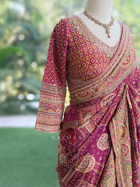 Guzel Wine Gajji Silk Saree with Mosaic Print