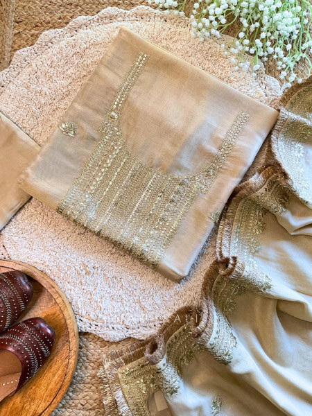 Reeva Dress Fawn Material with Sequin Handwork