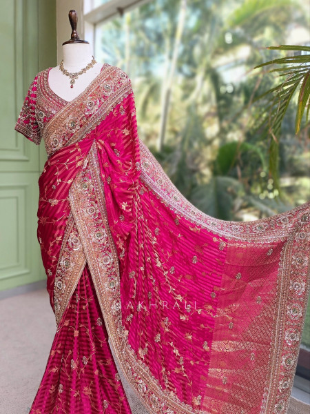 Kaanch-Kaseeda Magenta Saree with Readymade Blouse
