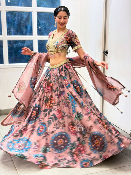 Kavyanjali Onion Pink Organza Silk Floral Printed Lehenga Set with Mirror, Gota & Crystal Bead Work