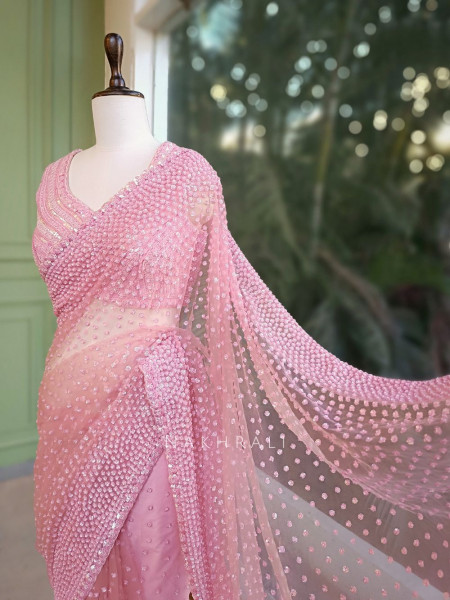 Chandelier Pink Net Saree with Sequin and Cut Dana Blouse