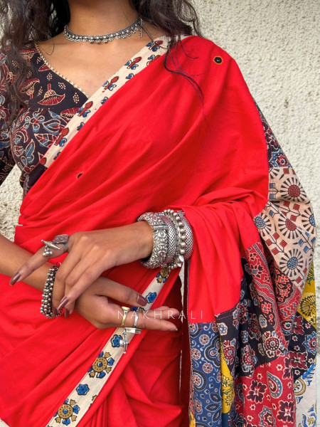 Sootra Red Cotton Saree with Patchwork Border