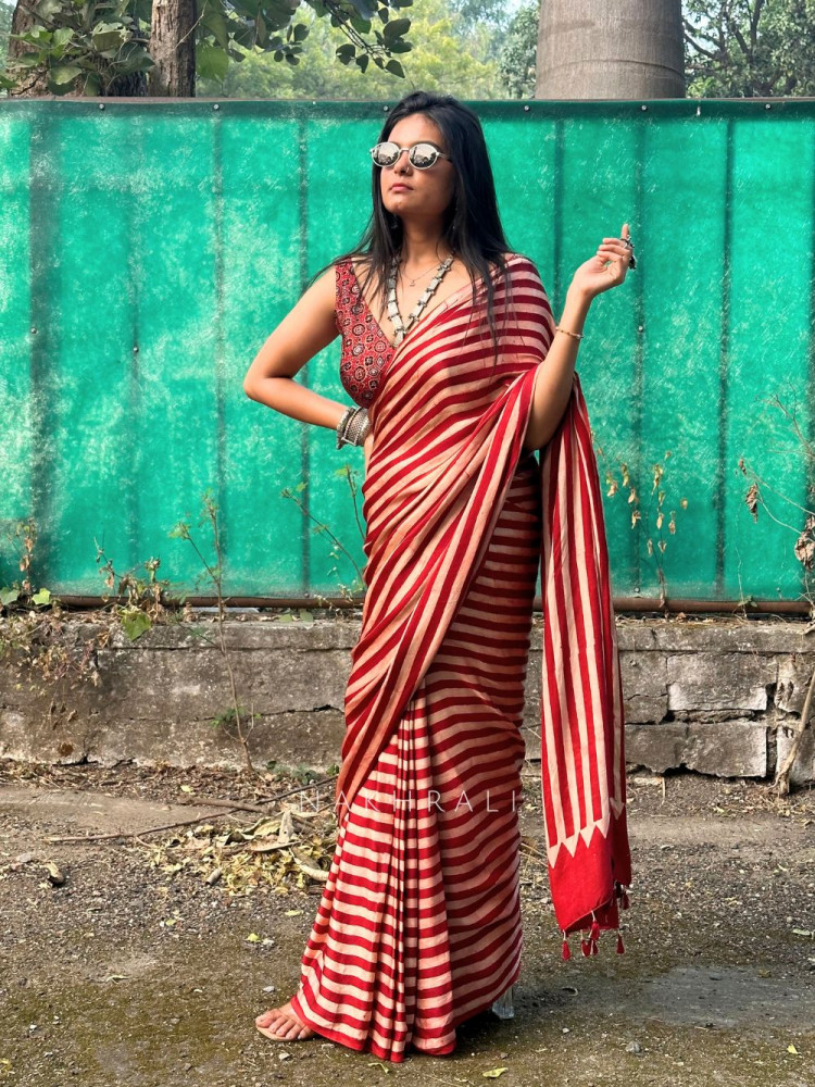 Image of Whimsical Red Modal Stripe Saree