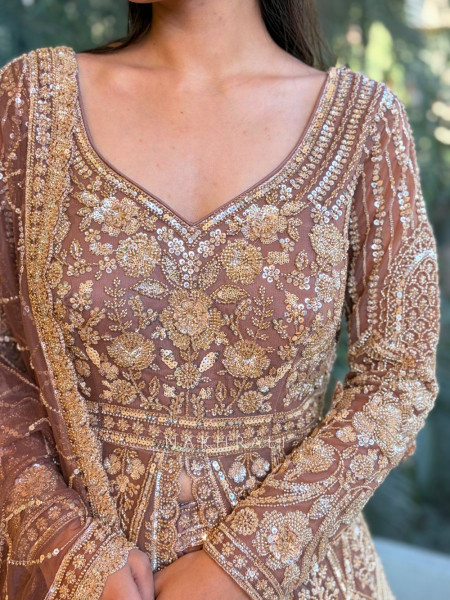 Khwaab Brown Achkan Lehenga Set with Cut Dana and Sequin Work