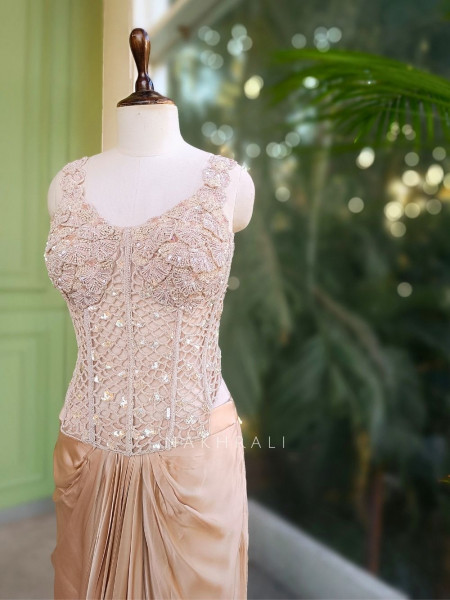 Rishika Beige Corset Style Indo Western Set with Choker Dupatta