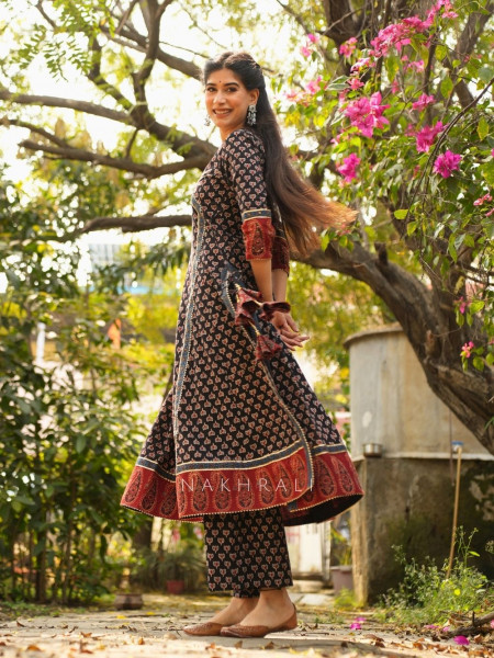 Mirza Black Angrakha Cotton Kurta Pant Set