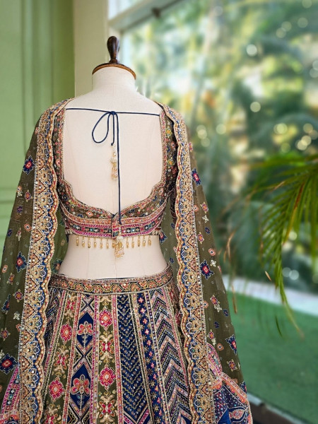 Malika Navy Blue & Green Modal Silk & Gaji Silk Lehenga