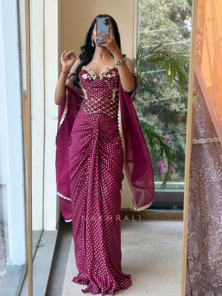 Artifact Wine Indo-Western Corset Crop Top & Pre-Draped Skirt