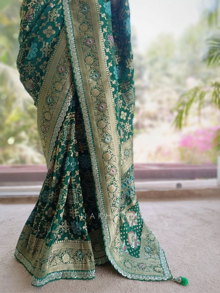 Anant Bindu Green Bottel Bandhani Print Saree with Sequin Border