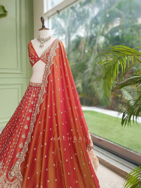 Mashoor Rust Raw Silk Unstitched Bridal Lehenga