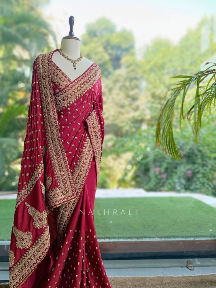 Image of Rooh-Tara Maroon Pure Silk Crepe Saree