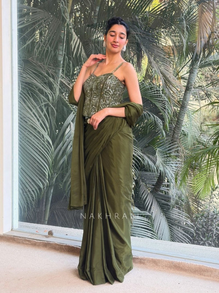 Verdelle Green Drape Saree with Sequin and Cut Dana Corset Blouse