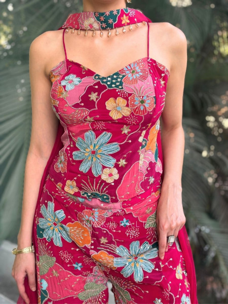 Zairyn Magenta Indo-Western Set with Zari and Sequin Work