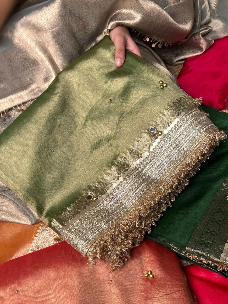 Image of Begum-e-Aftab Light Green Tissue Organza Silk Saree