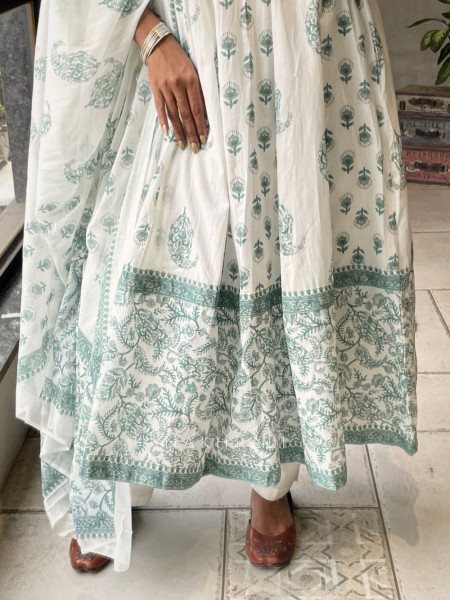 Nerith Green Cotton Suit Set with Floral Block Print