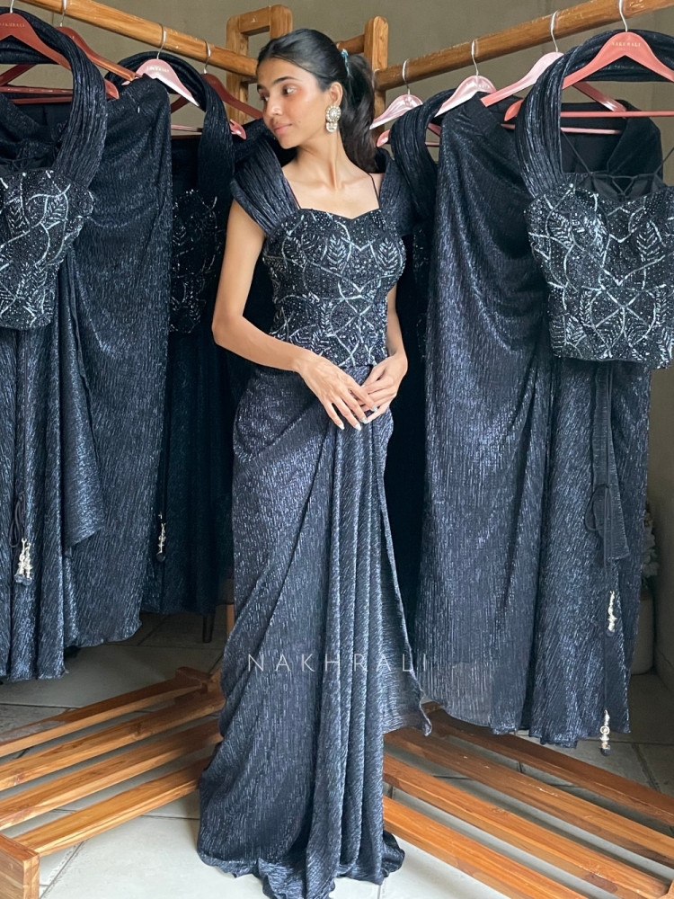 Image of Nishira Black Metallic Shimmer Lycra-Georgette Blend Indo-Western Pre-Draped Set